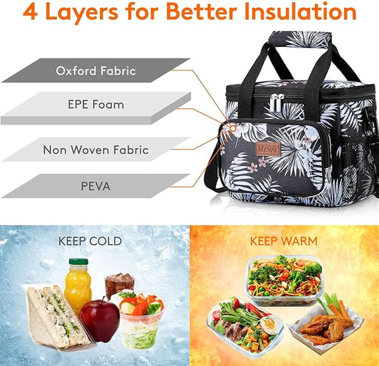 Lifewit Large Lunch Bag Insulated Lunch Box Soft Cooler Cooling Tote for Adult Men Women, Flower 12-Can (9L)