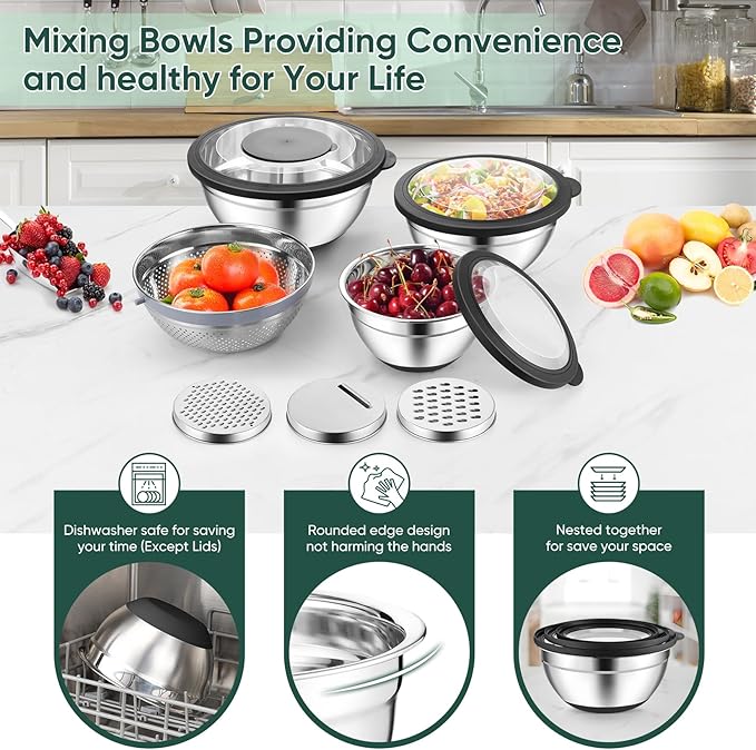 P&P CHEF Mixing Bowls with Lids Set of 3, 3 Pcs Stainless Steel Nesting Salad Bowls and Colander for Kitchen, 3 Grater Attachments & Non-Slip Bottoms, Visible & Airtight Lid, Black