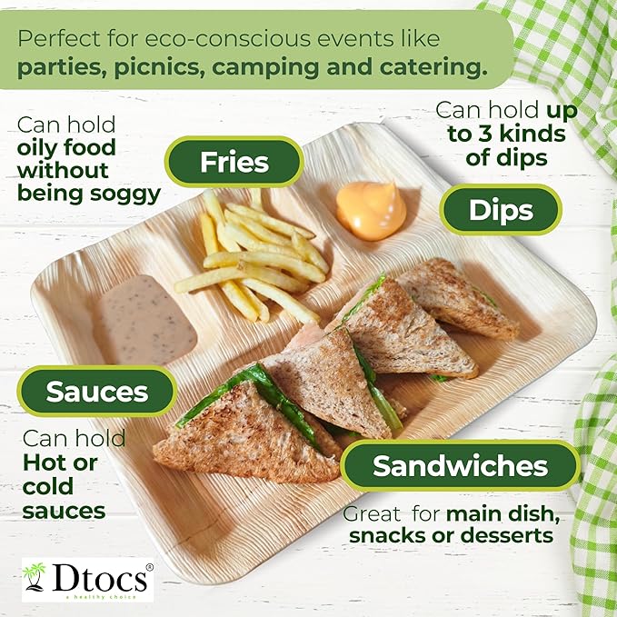 Palm Leaf Compartment Plate Disposable 11x9 Inch (50 Pc.) Bamboo Divided Plate look Compostable Portion Plates For Lunch Canteens, Picnic, Birthday | Sturdy Alternate to Paper Sectional Plates