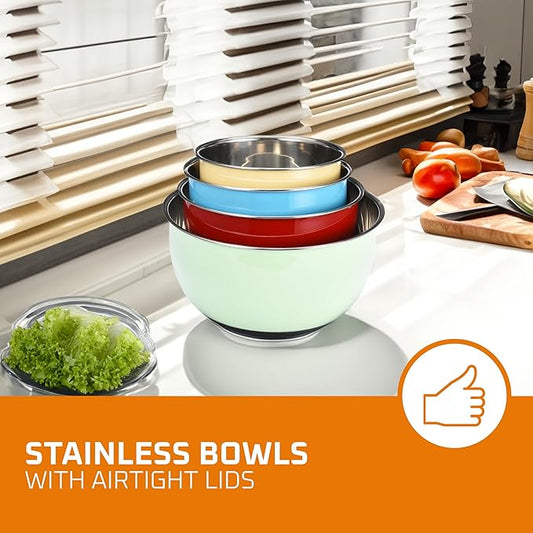 Bruntmor Double Wall Stainless Steel Mixing Bowls with Airtight Lids (Set of 4) Nesting Bowls for Space Saving Storage - Non-Slip Bottoms for Stability - Mixing Bowl Set For Cooking