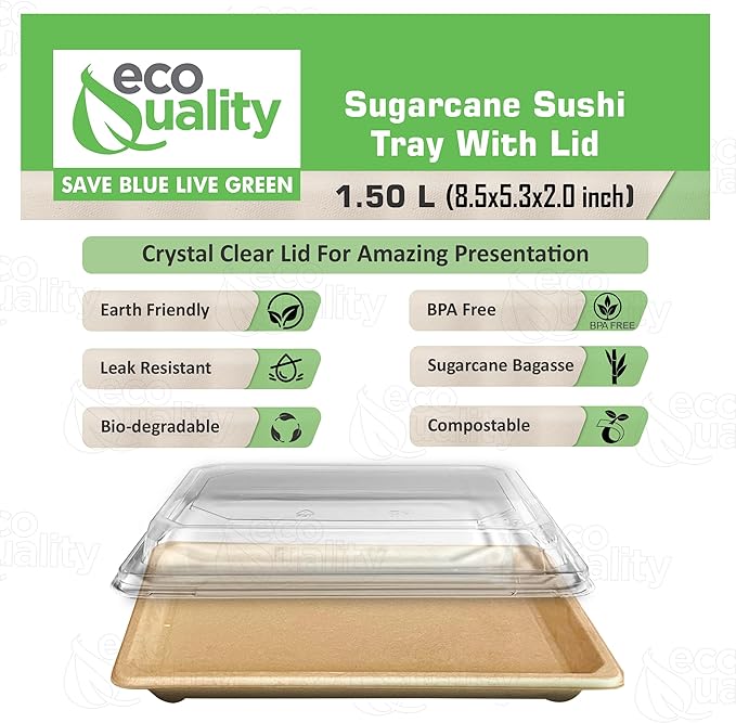 EcoQuality X-Large Compostable Sushi Trays with Lids - Natural Sugarcane Bagasse Take Out Sushi Container - Biodegradable, Disposable Sushi Plate with Lid, Eco Friendly, To go, Serving Tray (400)