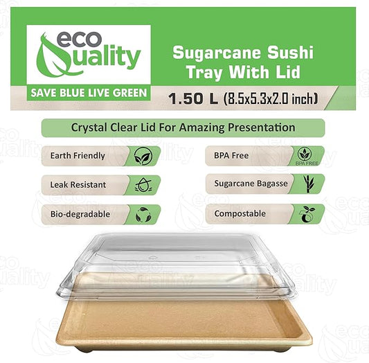 EcoQuality X-Large Compostable Sushi Trays with Lids - Natural Sugarcane Bagasse Take Out Sushi Container - Biodegradable, Disposable Sushi Plate with Lid, Eco Friendly, To go, Serving Tray (300)