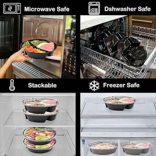48 Pack Meal Prep Containers, 33 OZ Round Bento Box, 3 Compartment Divided Food Storage Durable Stackable Reusable, BPA Free, For Microwave, Dishwasher, Freezer（48 Trays & 48 Lids）