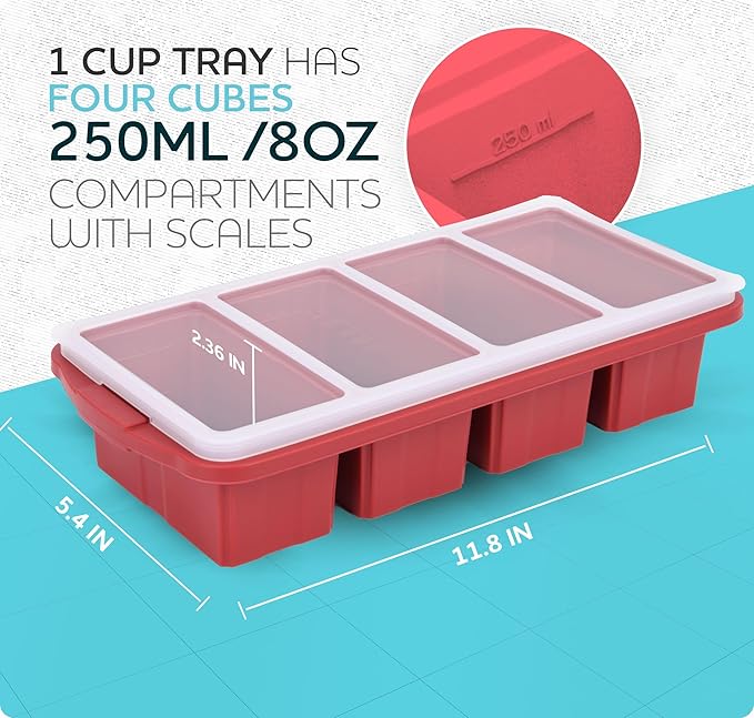 Silicone Freezer Tray With Lid - Soup Freezer Container molds - Large Ice Cube Tray- makes 8 perfect 1 cup portions cubes, 2-Pack Freezer Storage Food Soups & Meal Prep - Oven & Dishwasher -Safe