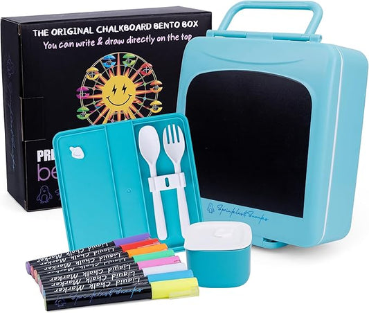 Chalkboard Kid Lunch Box for Girls & Boys - Leak-Proof Kids Lunchbox with Removable Compartment Tray, Lid Container & Utensils - BPA-Free Lunch Box Containers for Kids for School, Daycare - Blue