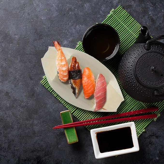 Hoolerry 500 Pcs Disposable Wood Boat Plates Dishes 4 Inches Bamboo Plates Sushi Boat Disposable Bamboo Leaf Dish Serving Tray Food Container Wood Bowl For Catering Home