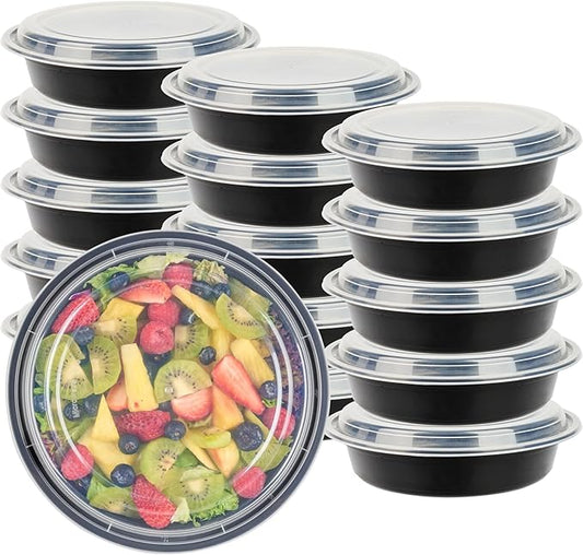 Restaurantware Asporto 48 Ounce To Go Boxes 100 Microwavable Take Out Food Containers - Clear Plastic Lids Included Do Not Contain BPA Black Plastic Catering Food Containers Disposable Round