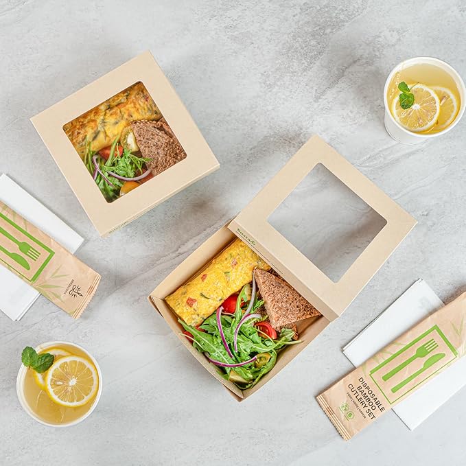 Restaurantware-34 Ounce Sturdy Paper Take Out Boxes, 200 Disposable Take Out Food Containers - With PLA lining, Paper Lid With Clear PLA Window, Bamboo Paper Containers, Compostable, Greaseproof