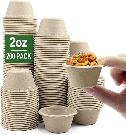 CAMKYDE 2 oz Disposable Bagasse Fiber Souffle Cups 200pk, 100% Natural Biodegradable Compostable Condiment cups Sample Cup Tasting Cup (Natural, Pack of 200)