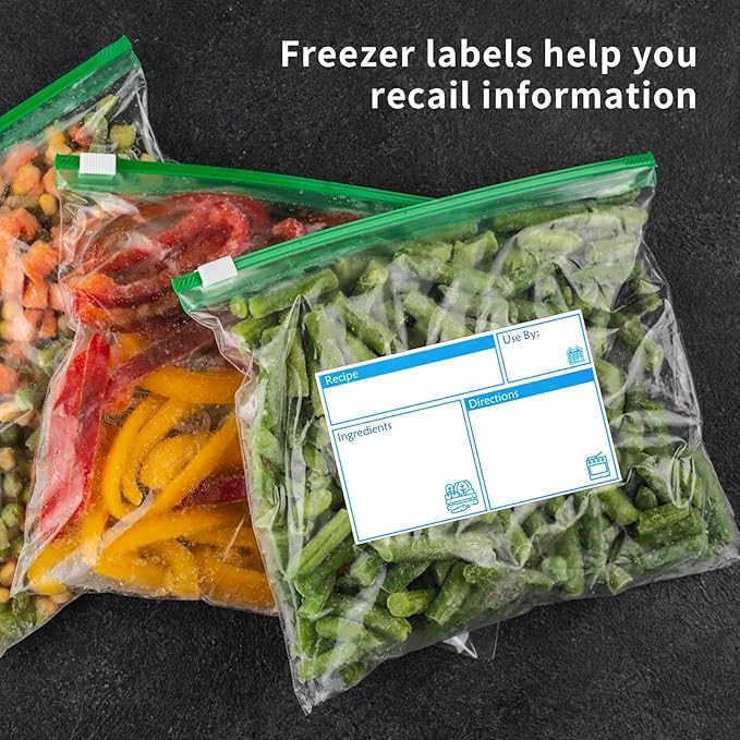 100pcs Labels for Freezer Bags Freezer Meal Labels with Instructions 3.2 X 5 inch Oil and Water Resistant Labels Food Labels for Freezer Storage for Leftovers in Fridge Removable Freezer (Blue)