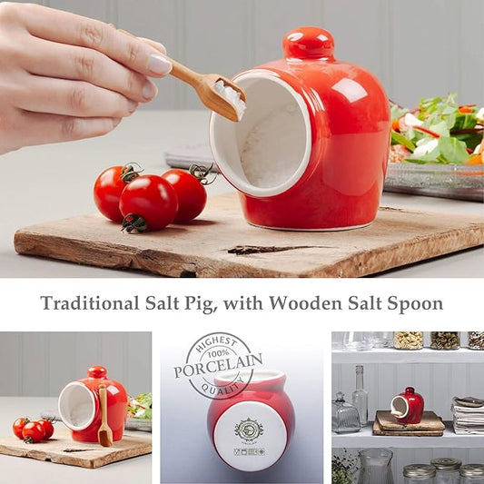 WM Bartleet & Sons 1750 T345R Traditional Porcelain Small Pig with Wooden Salt Serving Spoon-Red,9cm