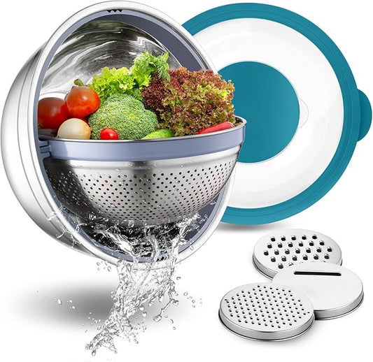 P&P CHEF 4-In-1 Stainless Steel Colander with Bowl Set, Rotatable Strainers for Kitchen, Fruit Cleaner, Washing Fruit & Draining Pasta, Mixing Bowl and Lid with Grater for Salad, Blue