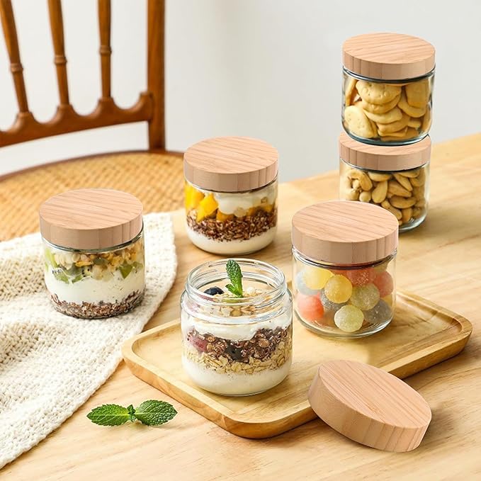 Glass jar with Bamboo lids 2 Set, 10oz overnight oats containers with lids, Glass Mason jars, Reusable Meal Prep Jars with Airtight Lids for Food Yogurt Snacks Storage