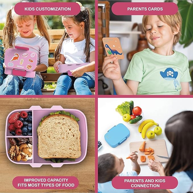 Kids Bento Lunch Box For Boys and Girls With Free Cutlery Set, 6 Sticker Sheets (5+ Years) and Parent Cards - 880 ML Leakproof 3 Compartment Lunch Box for kids, Portion Control Bento Box Kids - Pink