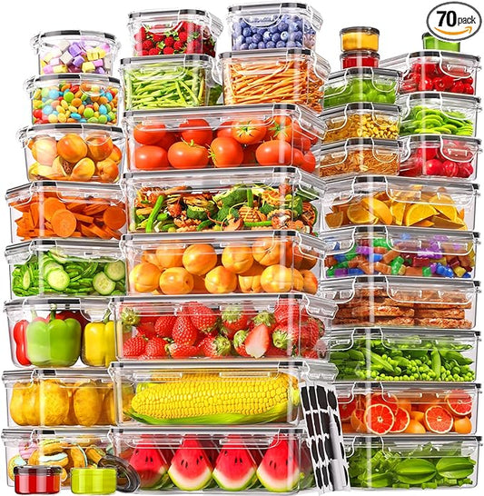 70 Pcs Large Food Storage Containers with Lids Airtight, Total 856OZ Stackable Kitchen Organization Set, BPA-Free Plastic Meal Prep Container with Labels & Marker Pen