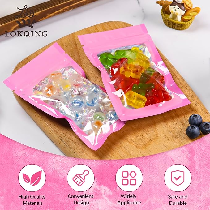 100 Pcs Holographic Bags Smell Proof Bags with Clear Window Packaging Bags for Food Storage Sealable Bags for Small Business(3×5Inch)