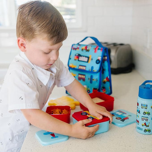 Wildkin Nesting Food Containers for Kids – Stackable, Airtight & Dishwasher Safe - Set of 3 - Trains, Planes & Trucks