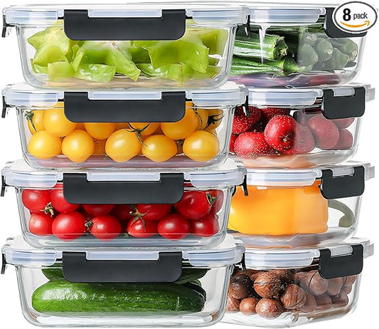 HOMBERKING 16pc Glass Meal Prep Containers with Lids, Glass Food Storage Containers with Leak Proof Snap Lock Lids, Airtight Bento Lunch Boxes, Kitchen Storage (8 lids & 8 Containers) - Black