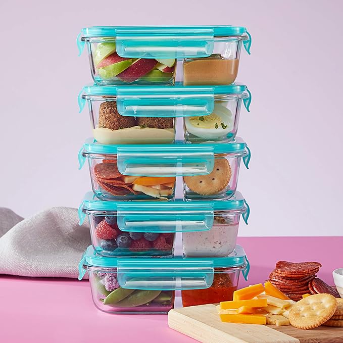 Pyrex Mealbox 10-Pc Bento Box Set, 2.3-Cup Divided Glass Food Storage Containers Set, Non-Toxic, BPA-Free Latching Lids, Freezer, Microwave and Top-Rack Dishwasher Safe
