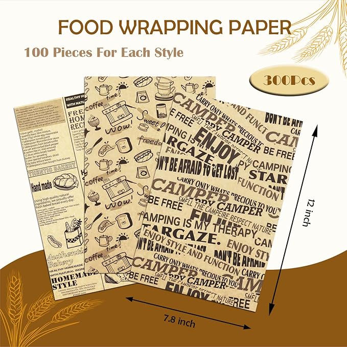 OTOPETE 300Pcs Food Paper Sheets, 12"x7.8" Greaseproof Paper Sheets, Three Patterns Kraft Paper, Food Basket Liner, Tray Liner, Wrapping Bread Hamburger Sandwiches, for Family, Bakery, Picnic, Party
