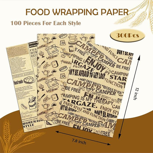 OTOPETE 300Pcs Food Paper Sheets, 12"x7.8" Greaseproof Paper Sheets, Three Patterns Kraft Paper, Food Basket Liner, Tray Liner, Wrapping Bread Hamburger Sandwiches, for Family, Bakery, Picnic, Party