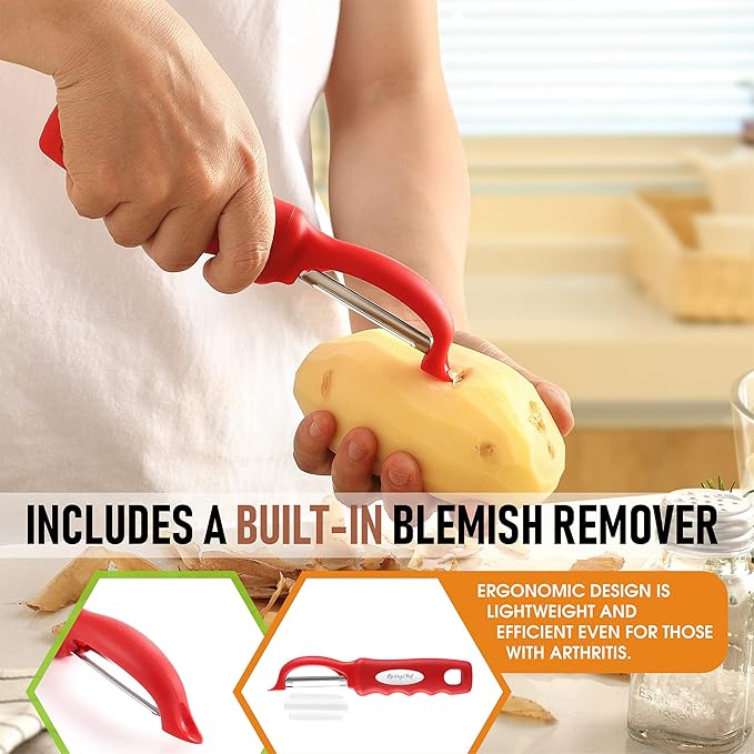 Spring Chef Premium Swivel Vegetable Peeler, Red & Stainless Steel Magnetic Measuring Cups, Set of 7, Black - 2 Product Bundle