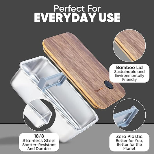 Leak Resistant Stainless Steel Bento Box For Adults|Stainless Steel Lunch Box for Adults |44Oz| BentoBox/Lunchbox| Lunch Container | Microwave Safe (Bottom container) |Bamboo Lid- SIlver