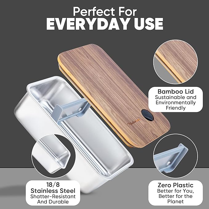 Leak Resistant Stainless Steel Bento Box For Adults|Stainless Steel Lunch Box for Adults |44Oz| BentoBox/Lunchbox| Lunch Container | Microwave Safe (Bottom container) |Bamboo Lid- SIlver