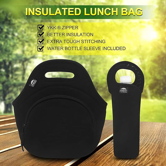Nordic By Nature Insulated Neoprene Lunchbox Tote Lunch Bag Made For Women, Men and Kids | Includes 12" Big Bottle Cooler | Lightweight | Rugged Lunchbox | Washable | Black Metal Pattern