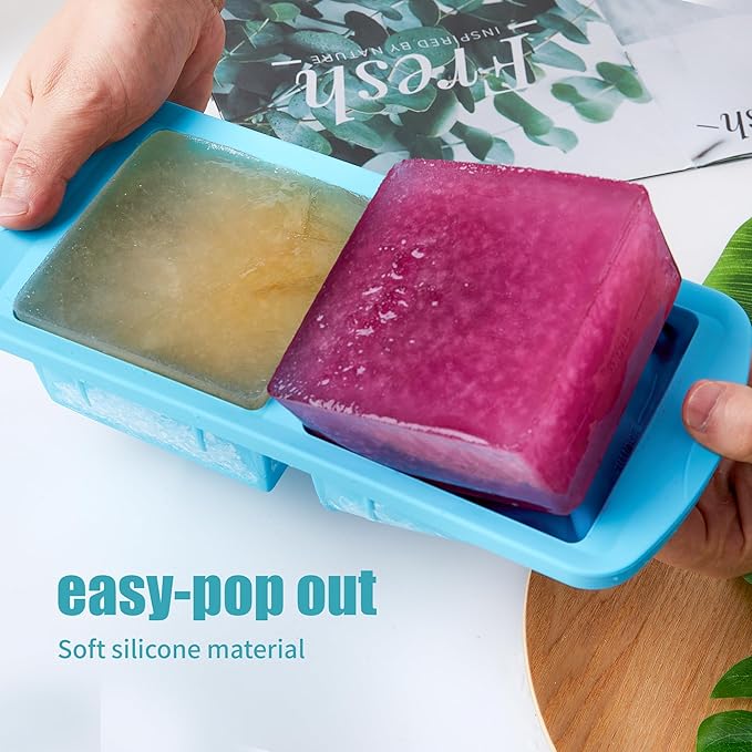 Silicone Freezer Tray with Lid 2 Pack Silicone Freezer Molds - Large Ice Cube Tray - Makes 4 Perfect 2 Cup Portions Soup Cubes Meal Prep Containers- Oven & Dishwasher Safe