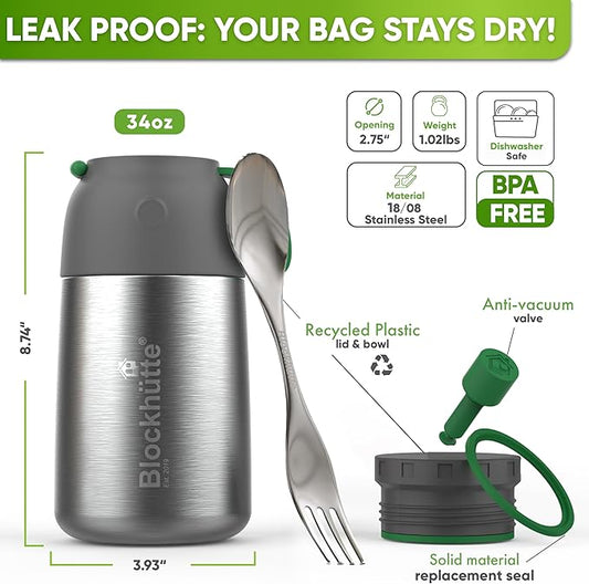 Blockhütte Thermos for Hot Food - 34 oz Vacuum Stainless Steel Thermal Lunch Box, Leakproof Soup Thermos, Wide Mouth Insulated Food Jar