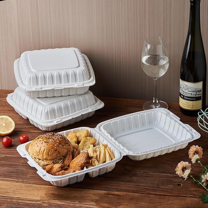 9X9 3 Compartment 50-Pack Plastic Clamshell Take Out Food Containers, Heavy Duty Disposable To-go Box For Cake, Sandwich, Salad, Dessert (Formerly FULING)