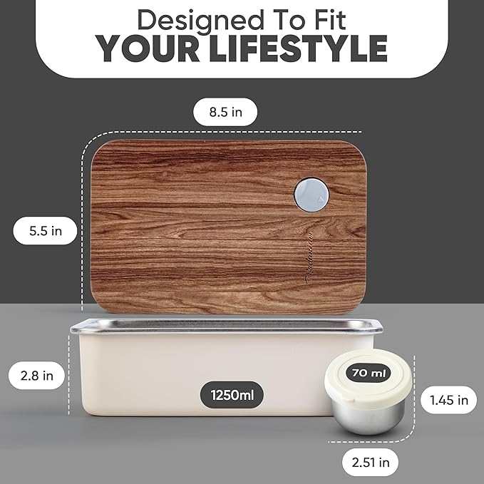 Leak Resistant Stainless Steel Bento Box For Adults|Stainless Steel Lunch Box for Adults |44Oz| BentoBox/Lunchbox| Lunch Container | Microwave Safe (Bottom container) |Bamboo Lid- Vanilla