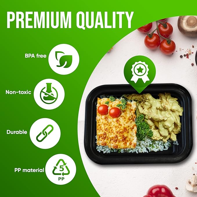 Single Compartment Meal Prep 50 Pack - 12oz Container with Airtight Lid – Freezer, Microwave & Dishwasher Safe – Stackable – BPA Free – Meal Prep Storage Container (Black)
