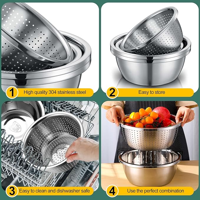 Tioncy 4 Pcs 304 Stainless Steel Microporous Colander with Mixing Bowl 2 QT & 4 QT Rice Strainer Fruit and Vegetables Washer Strainer Bowl for Draining Cooked Pasta, 2 Sizes