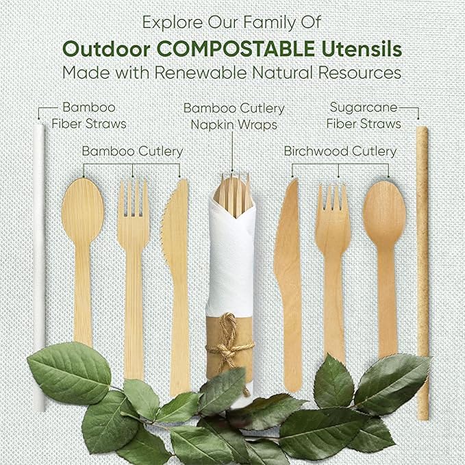 Premium Pre Rolled Napkin and Bamboo Cutlery Set (10 Pack, 40 PCS) 100% Biodegradable, Eco-Friendly, Disposable Wrapped Cutlery - Pre-Wrapped Bamboo Forks, Knives, Spoons, Napkins, Brown Roll