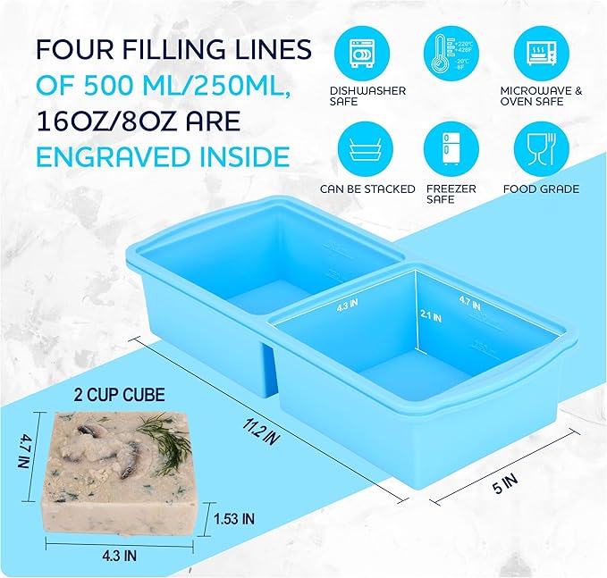 Silicone freezer molds, 2-cup Silicone Freezer Trays with Lid,Soup Freezer Container large Ice Cube Molds, Perfect for Storing Lasagna, Leftovers, Sauces, Portioned Meals and More dishwasher safe