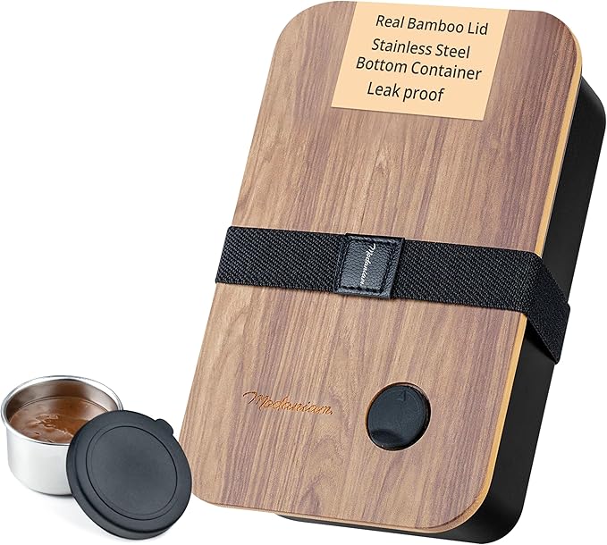 Leak Resistant Stainless Steel Bento Box For Adults|Stainless Steel Lunch Box for Adults |44Oz| BentoBox/Lunchbox| Lunch Container | Microwave Safe (Bottom container) |Bamboo Lid- Black