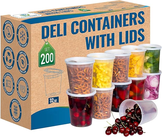 Deli Plastic Food Containers with Airtight Lids 32oz-200 Set (4 packs 50 Set), Leakproof Slime Small Combo Pack [Reusable, Storage, Disposable, Meal Prep, Soup, Microwaveable & Freezer Safe]