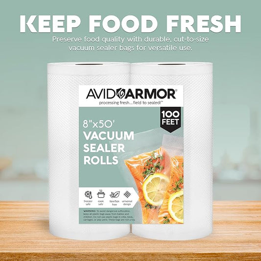 Avid Armor Vacuum Seal Rolls, Vac Seal Bags for Food Storage, Meal Saver Freezer Vacuum Sealer Bags, Sous Vide Bags Vacuum Sealer, Non-BPA Vacuum Sealer Bags, 8 inches by 50 feet, Pack of 2