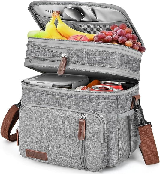 LOKASS Lunch Bag for Women/Men Work, 16L Expandable Double Deck Lunch box, Waterproof Leak-proof Cooler Bag, Portable Meal Prep Lunchbag with Adjustable Shoulder Strap-Grey