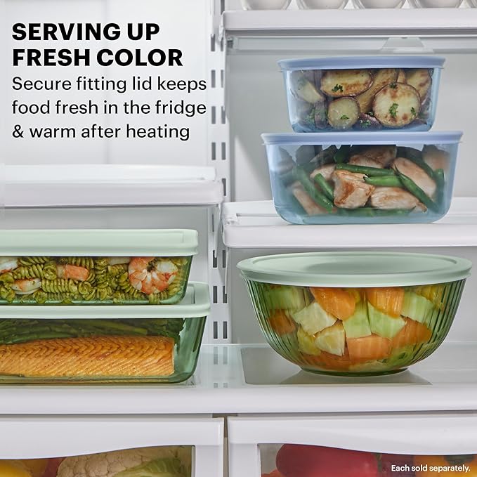 Pyrex Year Of Color Sculpted (3-Pack| 1.3 QT, 2.3 QT, 4.5 QT) Tinted Glass Mixing Bowls Set With Lids For Prepping, Baking and Cooking, Preheated Oven, Dishwasher, Freezer, and Microwave Safe
