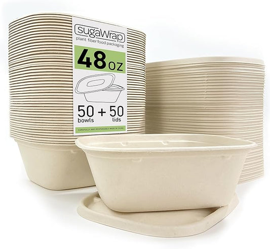 Disposable 48oz Food Containers with Lids - Eco-Friendly Biodegradable Bamboo & Sugarcane, Sturdy & Leak Resistant, Freezer & Microwave Safe for Hot & Cold (50 Bowls + 50 Lids) (48 oz)
