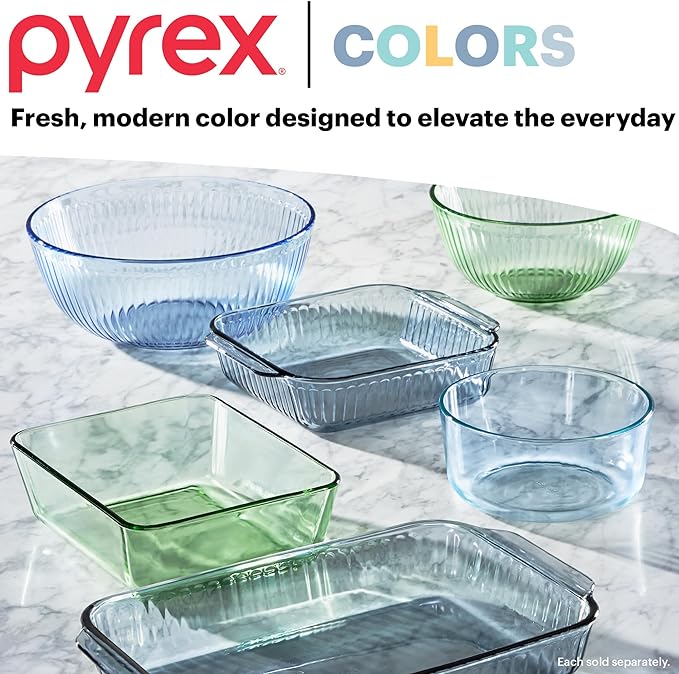 Pyrex Colors (2-Pack) Tinted Glass Large Rectangular Food Storage Container Set, Snug Fit Non-Toxic Plastic BPA-Free Lids, Freezer Dishwasher Microwave Safe, 6 Cup & 11 Cup, Green