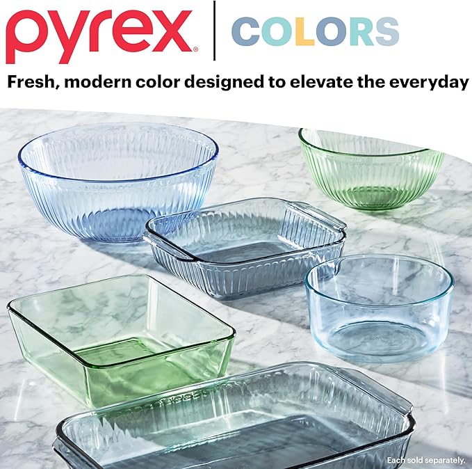 Pyrex Year Of Color Sculpted (3-Pack| 1.3 QT, 2.3 QT, 4.5 QT) Tinted Glass Mixing Bowls Set With Lids For Prepping, Baking and Cooking, Preheated Oven, Dishwasher, Freezer, and Microwave Safe