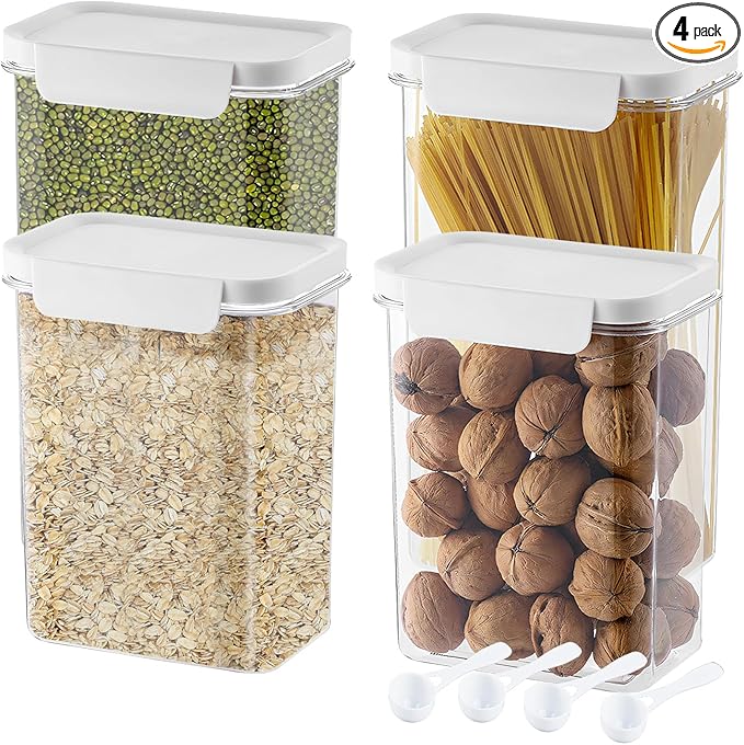 Storage Cereal Organizers Containers Sets , Food Grade BPA free PET Material Reusable，Airtight food storage containers with lids， kitchen organizers and storage Total(2 pcs 2300ml 2 pcs 1800ml)