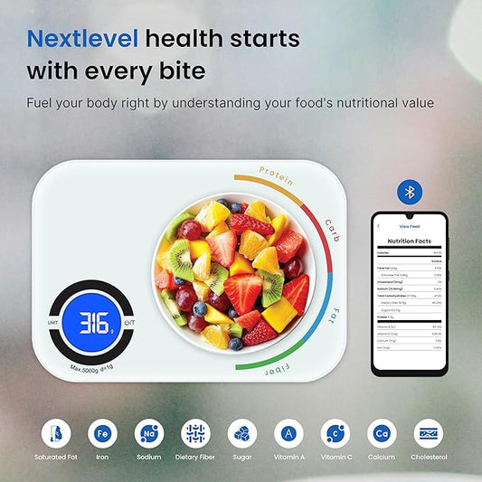 NextLevelFit Smart Kitchen Scale- Digital Weight Grams and Oz Food Scale with Nutritional Calculator for Weight Loss, Accurately Track Calories & Macros with Bluetooth Fitness App (White).