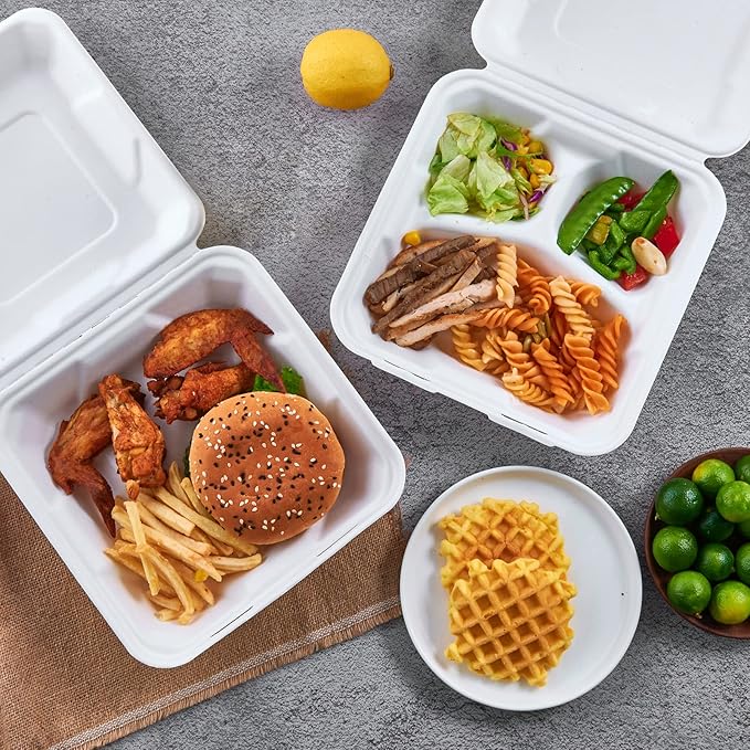 ECOLipak 50 Pack Clamshell Take Out Food Containers, 100% Compostable Disposable To Go Containers, 8X8 inch Heavy-Duty To Go Boxes for Food