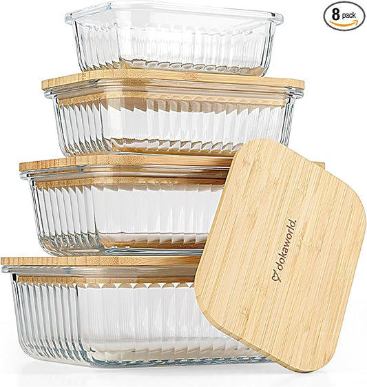 Set of 4 Stackable Space-Saving Nesting Glass Containers with Airtight Bamboo Lids - Lunch, Meal & Food Prep - Microwave & Oven Safe BPA Free Durable Heat Resistant Inert Borosilicate Glass