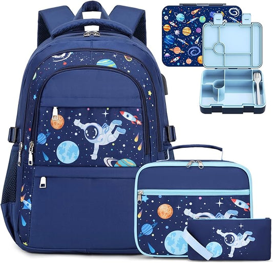 Boys Backpack - Astronaut Bento Box with Insulated Lunch Bag Pencil Case & Utensils Set for Kids, 6 Leakproof Compartments Removable Tray Lunches or Snack Container